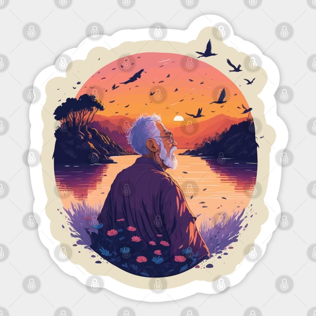 Old Man in a River with a Sunset Sticker by ElMass